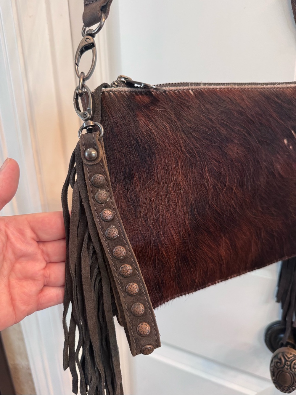 Montana West Brown Haircalf Fringe Crossbody Bag with Stud Accents